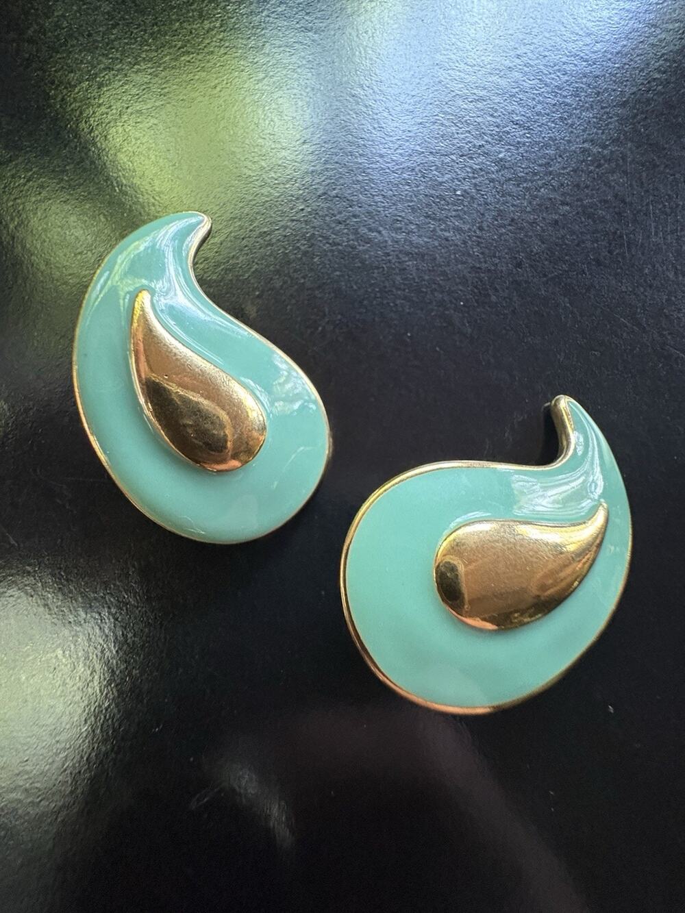 Authentic Vintage Yves Saint Laurent (YSL) Aqua Enamel & Gold Paisley Earrings